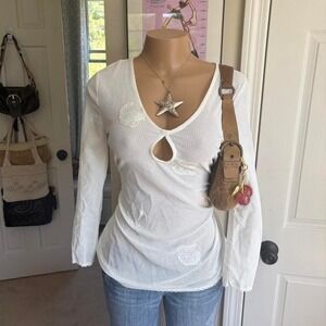 y2k 2000s white mesh long sleeve cut out top sheer fitted